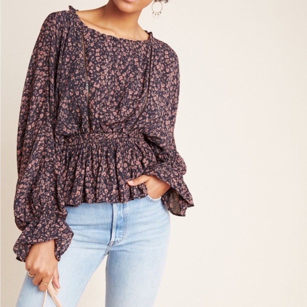 Anthropology Nichola Peplum Brown Blouse Womens Balloon Sleeve